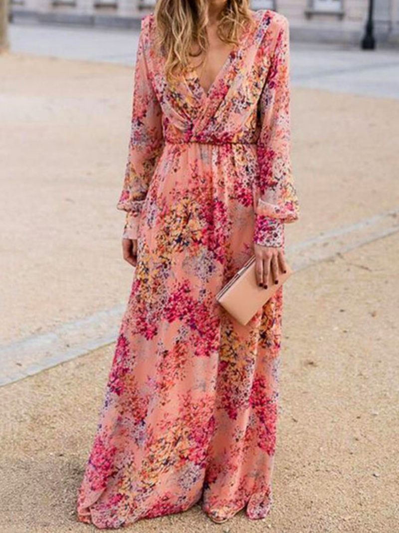 Robes Longues Pour Femmes Manches Robe Longue Imprimée Rose À Col V - Rose