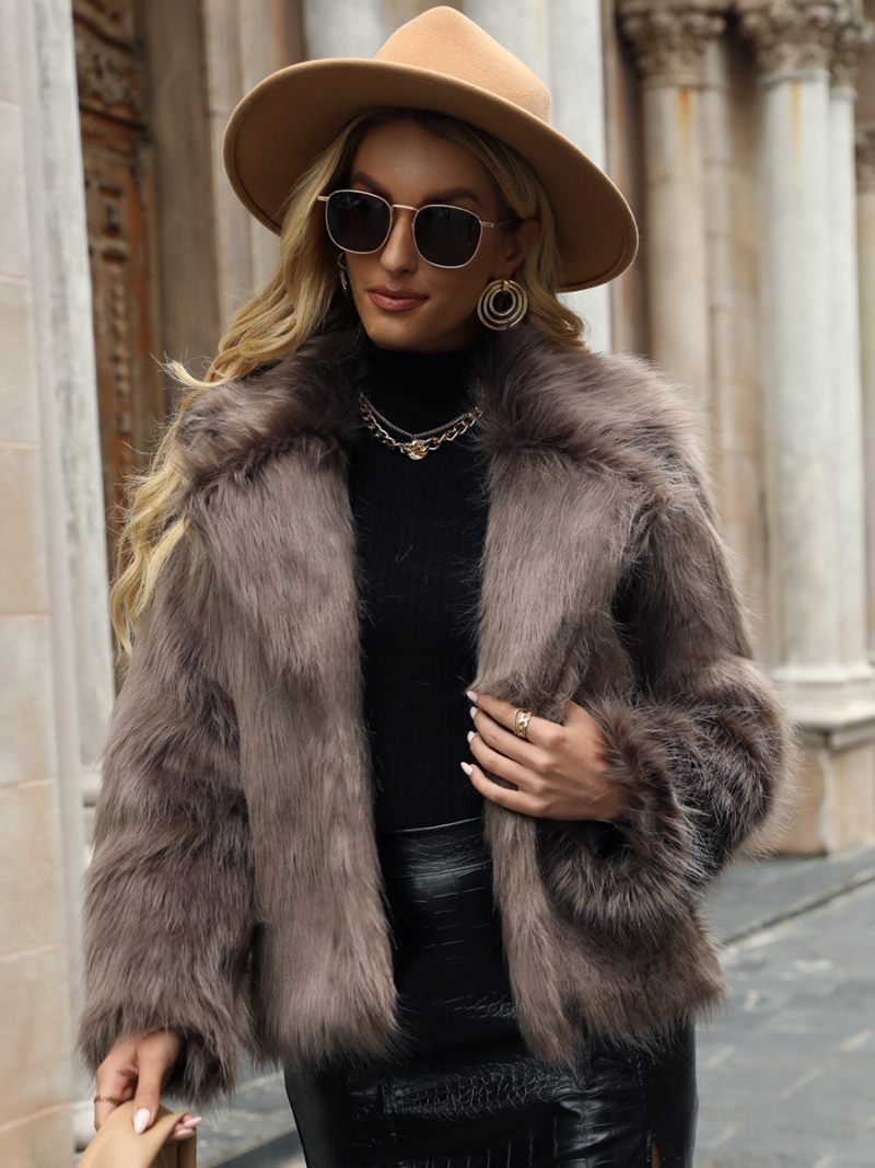 Manteau Fausse Fourrure À Revers Ouvert Sur Le Devant Couleur Unie Veste D'automne Et D'hiver Pour Femme - Kaki