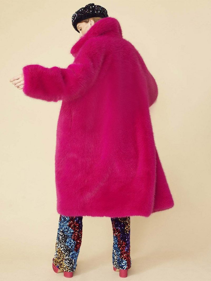 Manteau Long Flou Avec Col Et Bouton Sur Le Devant Couleur Unie Vêtements D'extérieur Pour Femmes - Rose