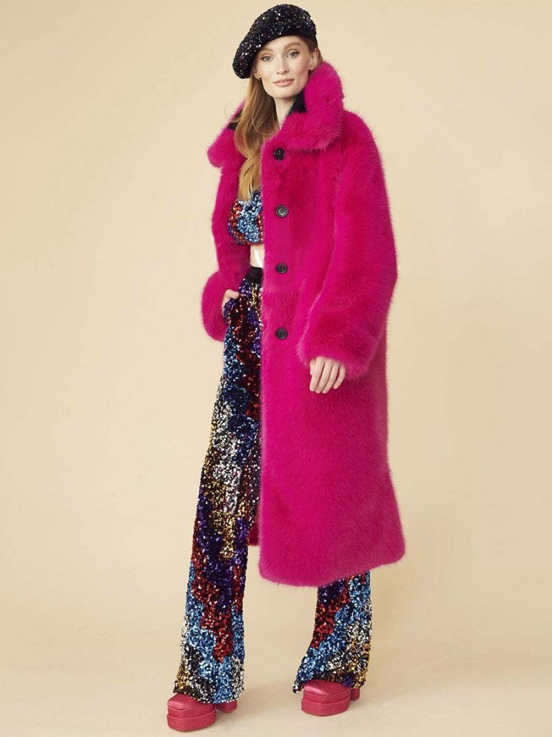 Manteau Long Flou Avec Col Et Bouton Sur Le Devant Couleur Unie Vêtements D'extérieur Pour Femmes - Rose