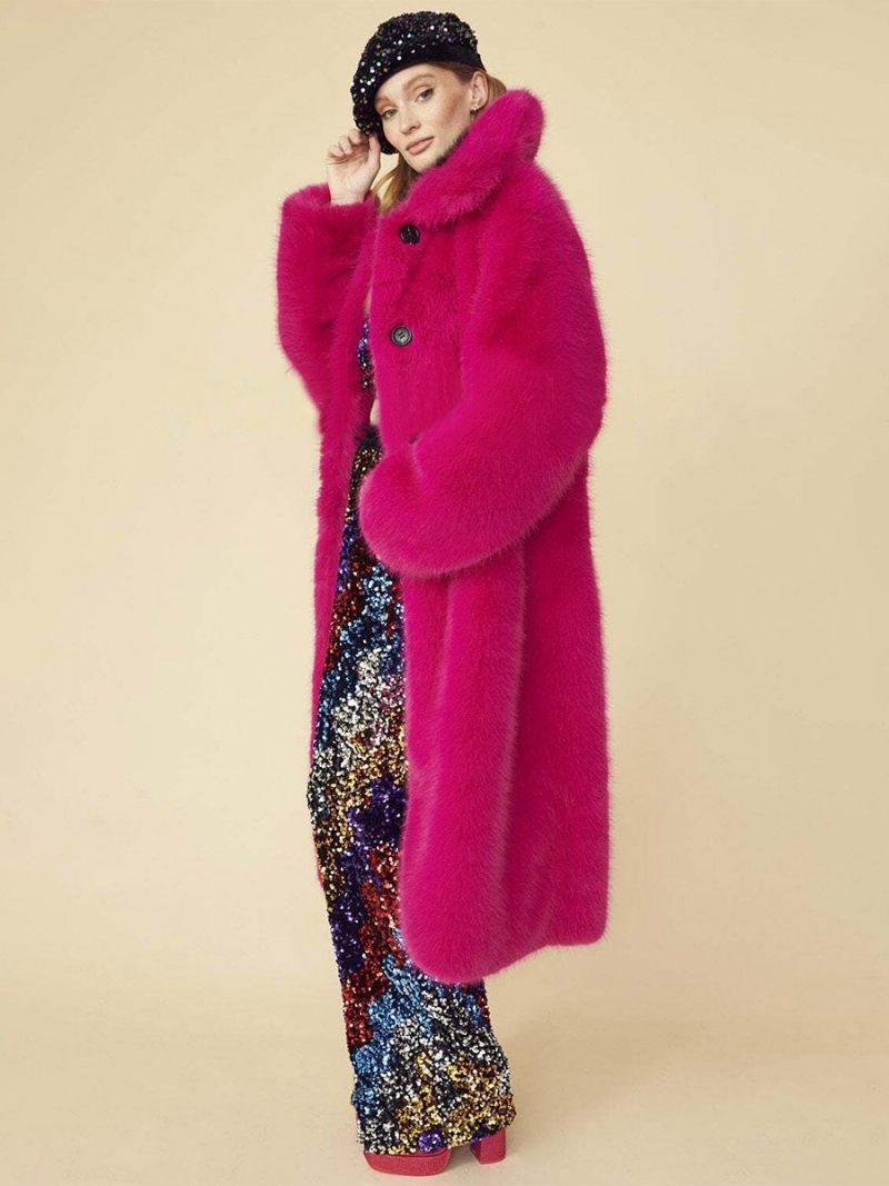 Manteau Long Flou Avec Col Et Bouton Sur Le Devant Couleur Unie Vêtements D'extérieur Pour Femmes - Rose
