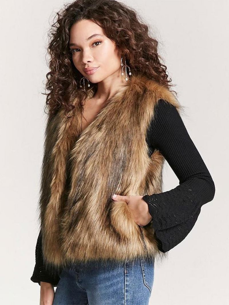 Manteaux Fausse Fourrure Pour Femmes Manteau D'hiver Sans Manches Marron Café - Café Brun