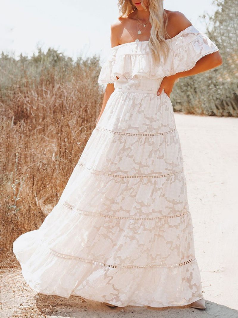 Robe Longue Style Boho Épaules Dénudées Fleur Blanche Ligne A Ourlet Superposé Pour Femmes - Blanc