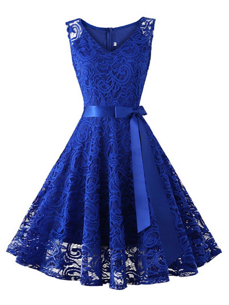 Robe Vintage Dentelle Pour Femmes Des Années 1950. Col Bijou Sans Manches Trapèze Courte - Bleu