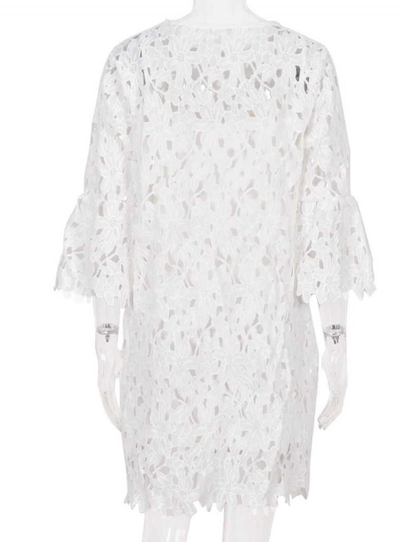 Robes Dentelle Pour Femmes Col Bijou Blanc Manches 3/4 Mi-longues Décontractées - Blanc