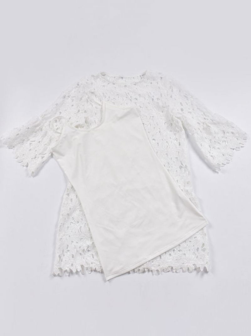 Robes Dentelle Pour Femmes Col Bijou Blanc Manches 3/4 Mi-longues Décontractées - Blanc