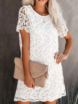 Robes Dentelle Pour Femmes Col Bijou Blanc Manches Courtes Décontractées Surdimensionnées