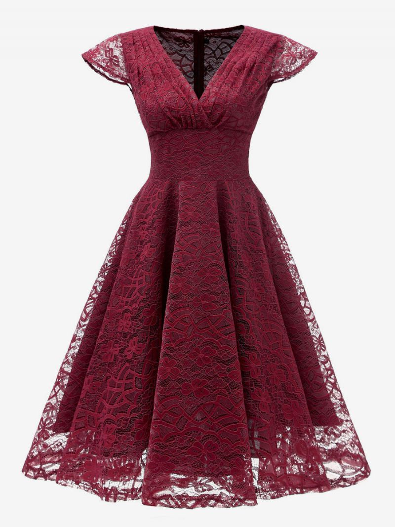 Robe Rétro Des Années 1950 Pour Femmes Col V Manches Courtes Rockabilly Moyenne Bordeaux