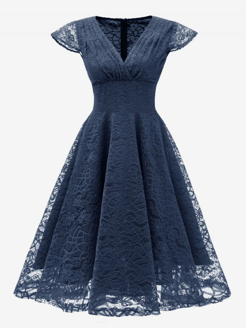 Robe Rétro Des Années 1950 Pour Femmes Col V Manches Courtes Rockabilly Moyenne Bordeaux - Marine Foncé