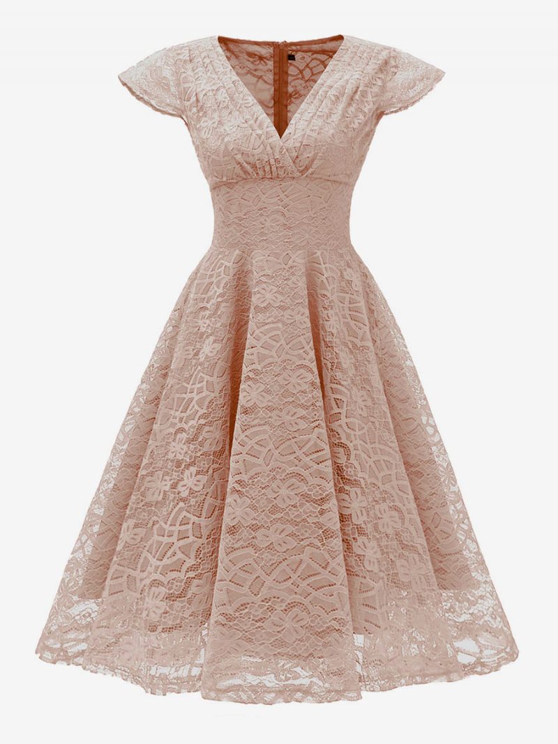 Robe Rétro Des Années 1950 Pour Femmes Col V Manches Courtes Rockabilly Moyenne Bordeaux - Rose