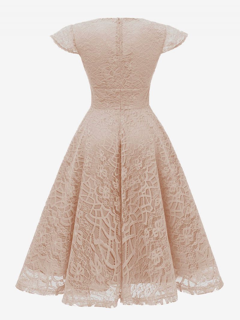 Robe Rétro Des Années 1950 Pour Femmes Col V Manches Courtes Rockabilly Moyenne Bordeaux - Rose
