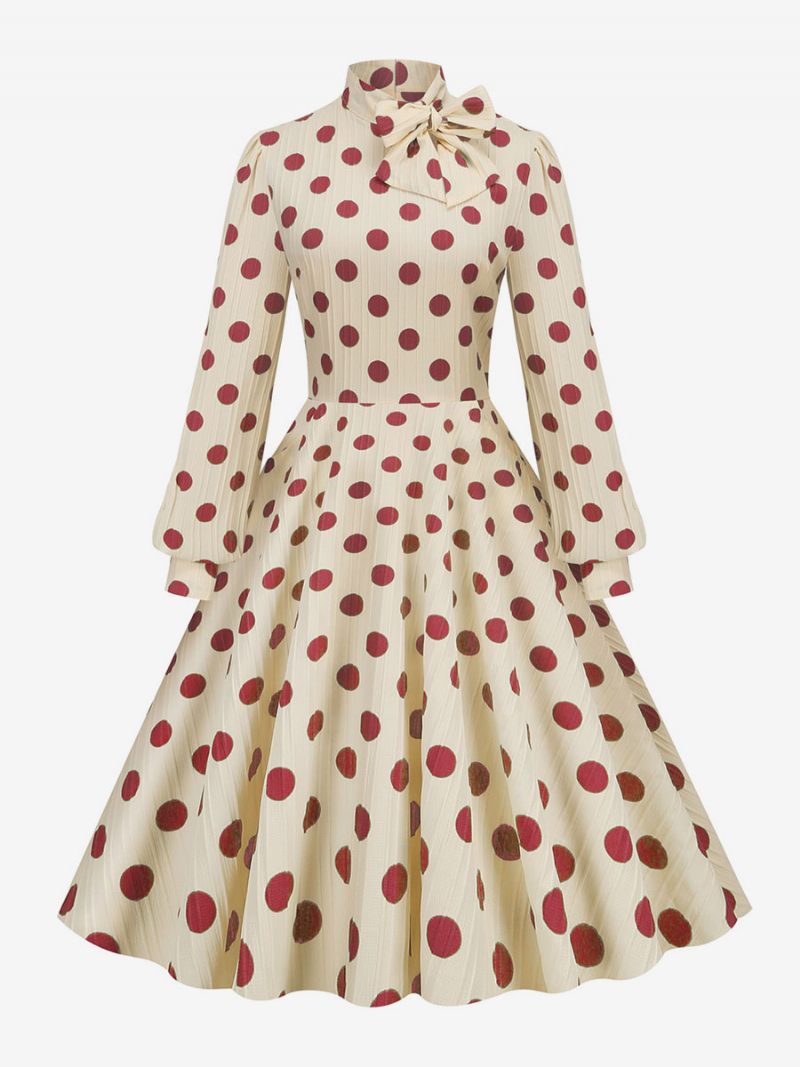 Robe Rétro Des Années 1950. Style Audrey Hepburn Col Haut Nœuds Manches Longues Trapèze À Pois Moyens Pour Femmes - Rouge