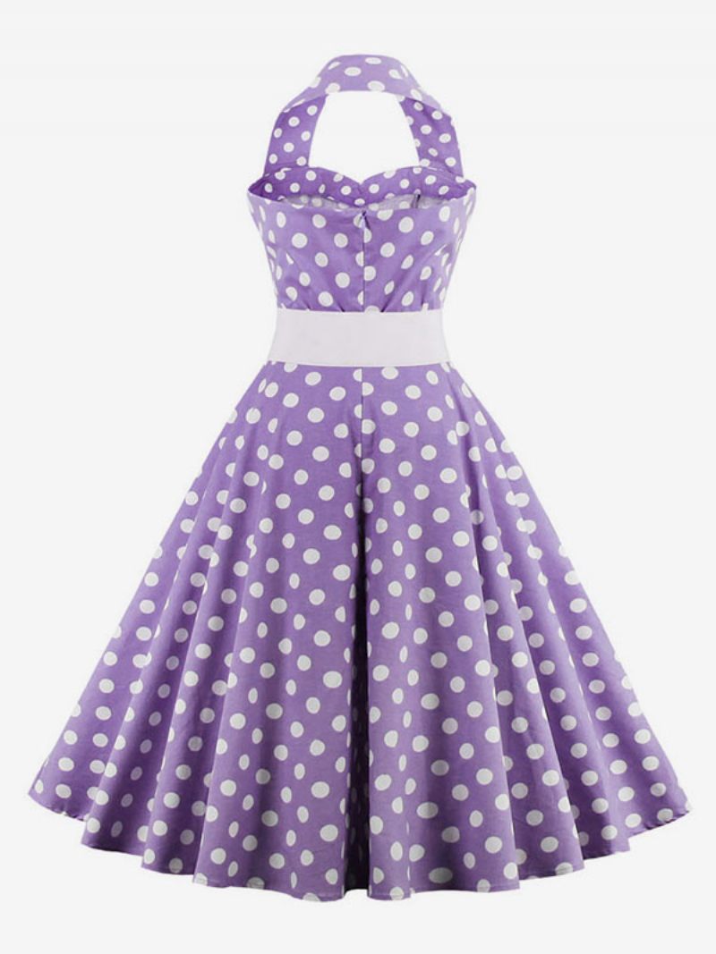 Robe Rétro Des Années 1950. Style Audrey Hepburn Sans Manches Longueur Aux Genoux À Pois Trapèze - Violet