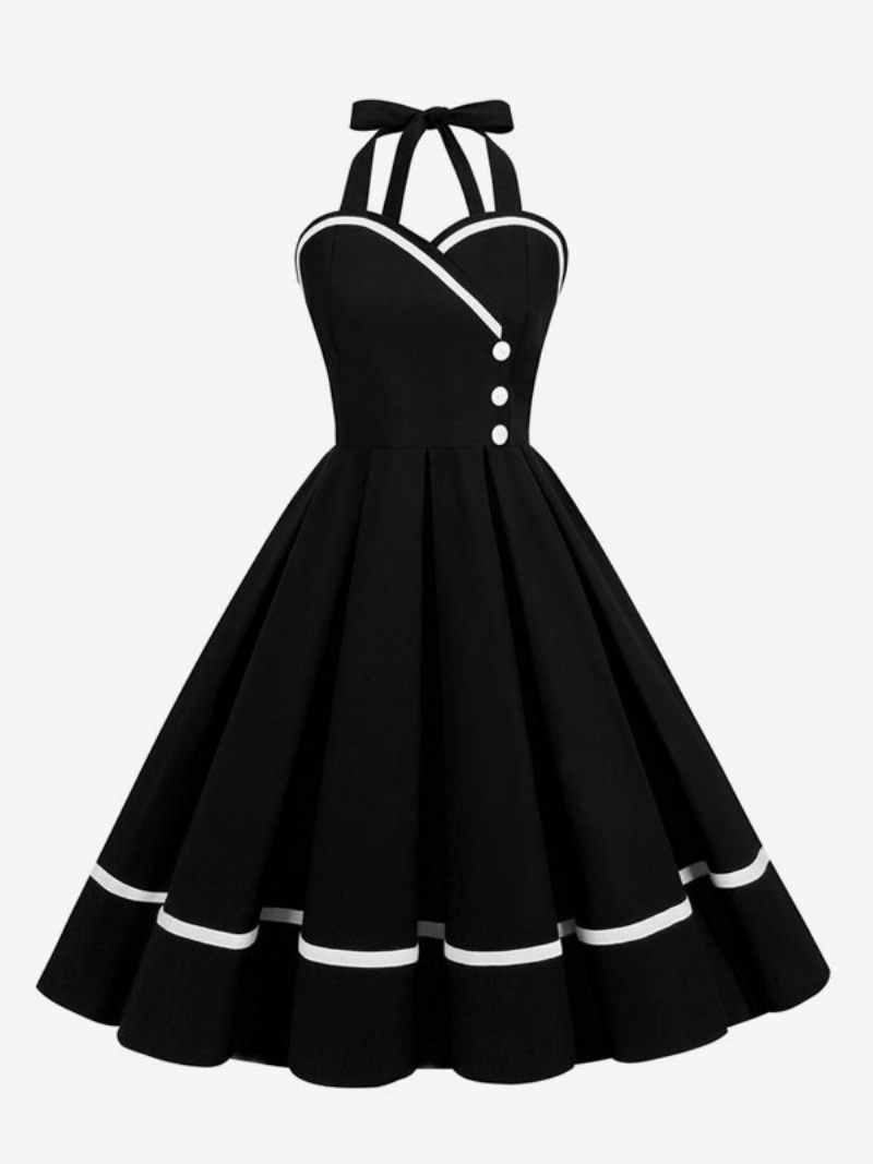 Robe Rétro Pour Femmes Des Années 1950. Style Audrey Hepburn Bordeaux Boutons Superposés Sans Manches Col Cœur Trapèze - Noir