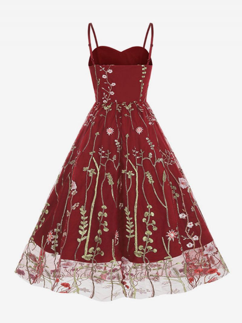 Robe Rétro Pour Femmes Des Années 1950. Style Audrey Hepburn Bretelles Col Brodé Sans Manches Imprimé Moyen Rockabilly - Rouge