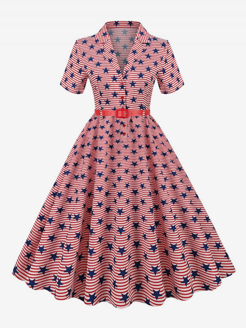 Robe Rétro Pour Femmes Des Années 1950. Style Audrey Hepburn Col V Ceinture Superposée Manches Courtes Drapeau Moyen Rockabilly