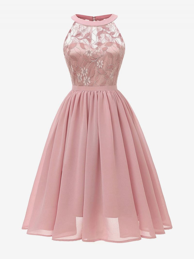 Robe Rétro Style Audrey Hepburn Des Années 1950 Pour Femmes Rose Sans Manches Col Bijou Trapèze Dentelle