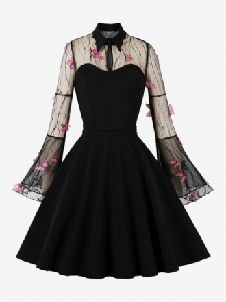 Robe Vintage Années 1950 Audrey Hepburn Style Manches Longues Femme Longueur Genou Rockabilly Bicolore