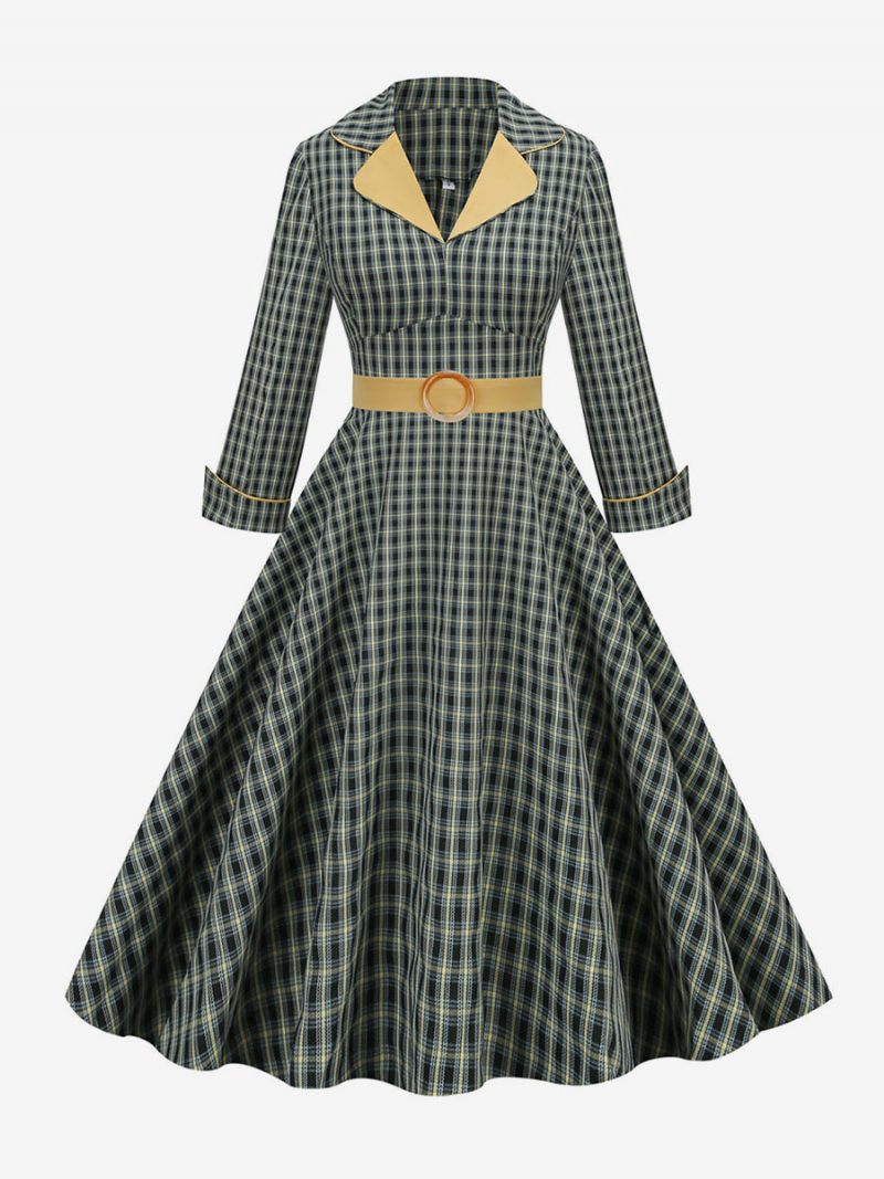 Robe Vintage Des Années 1950 Audrey Hepburn Style Turndown Collar Manches Longues Femme Medium Plaid Rockabilly Dress