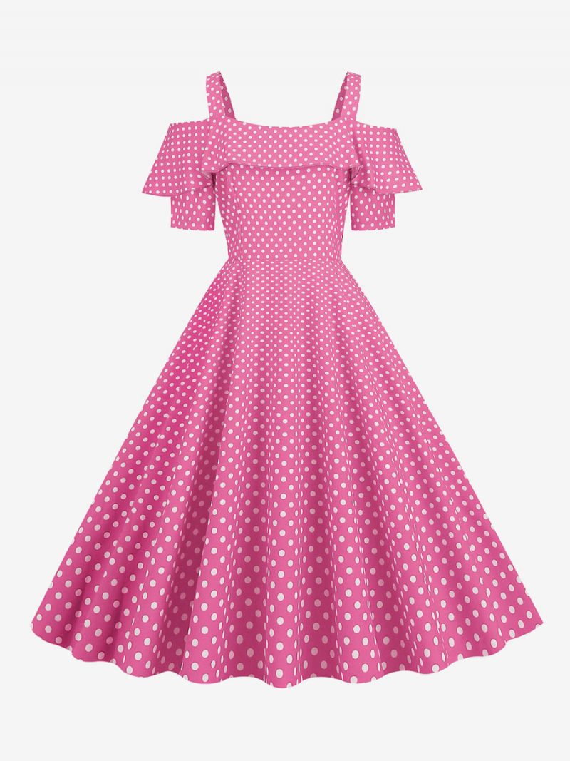Robe Vintage Pour Femme Des Années 1950. Col Bateau Manches Courtes Rockabilly À Pois Moyens - Rose