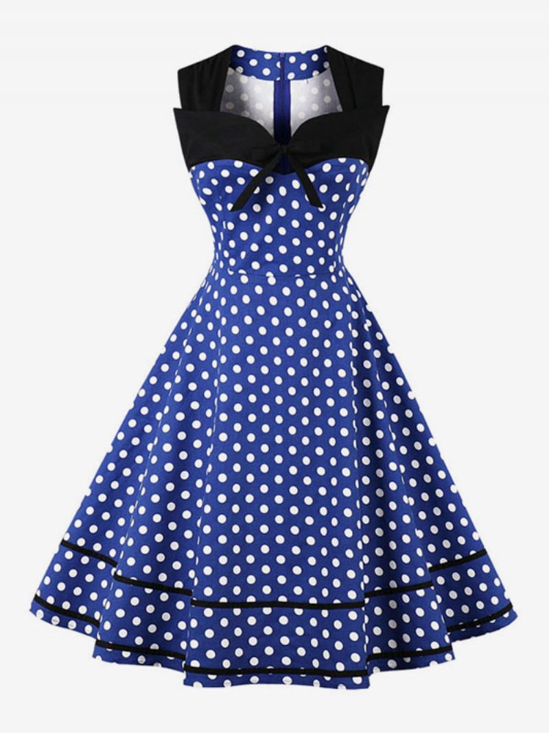Robe Vintage Pour Femmes Avec Nœuds À Pois Cœur Sans Manches Balançoire D'été - Bleu