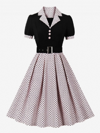 Robe Vintage Pour Femmes Rose À Pois Années 1950 Style Audrey Hepburn Ceinture Manches Courtes Col V Longueur Genou Trapèze