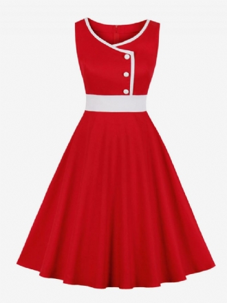 Robe Vintage Style Audrey Hepburn Des Années 1950 Pour Femmes Boutons Bicolores Sans Manches Col Cœur Trapèze Rouge