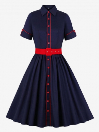 Robe Vintage Style Audrey Hepburn Des Années 1950 Pour Femmes Col Rabattu Boutons Manches Courtes Rockabilly Bicolore