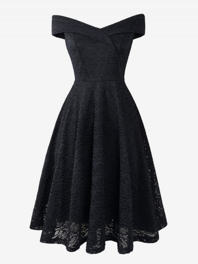 Robes Dentelle Pour Femmes Bleu Marine Foncé Col V Sans Manches Épaules Ouvertes Ajouré Portefeuille Rétro