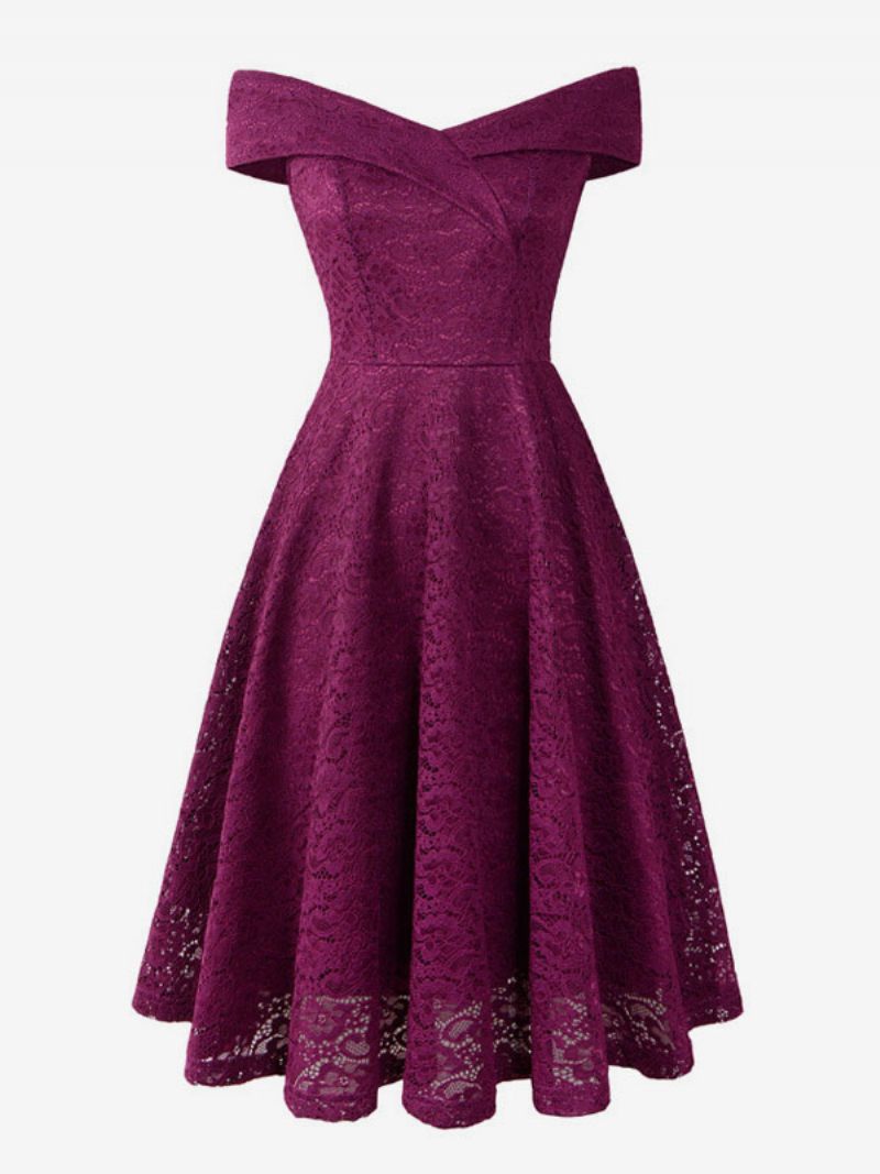 Robes Dentelle Pour Femmes Bleu Marine Foncé Col V Sans Manches Épaules Ouvertes Ajouré Portefeuille Rétro - Violet