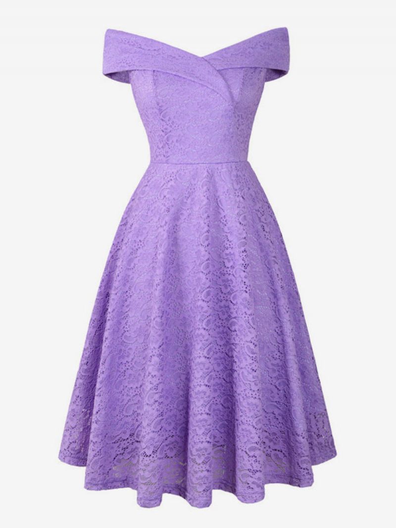 Robes Dentelle Pour Femmes Bleu Marine Foncé Col V Sans Manches Épaules Ouvertes Ajouré Portefeuille Rétro - Lavande