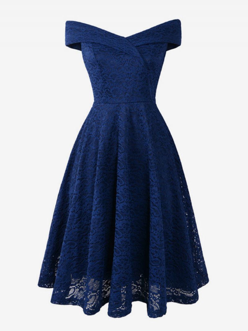 Robes Dentelle Pour Femmes Bleu Marine Foncé Col V Sans Manches Épaules Ouvertes Ajouré Portefeuille Rétro - Marine Foncé