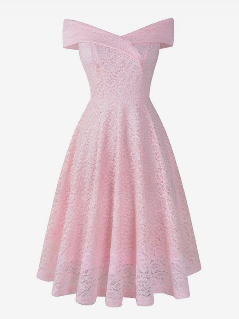 Robes Dentelle Pour Femmes Bleu Marine Foncé Col V Sans Manches Épaules Ouvertes Ajouré Portefeuille Rétro - Rose