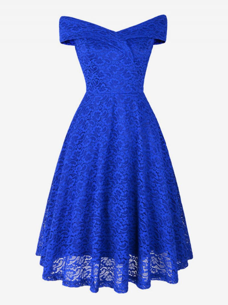 Robes Dentelle Pour Femmes Bleu Marine Foncé Col V Sans Manches Épaules Ouvertes Ajouré Portefeuille Rétro - Bleu