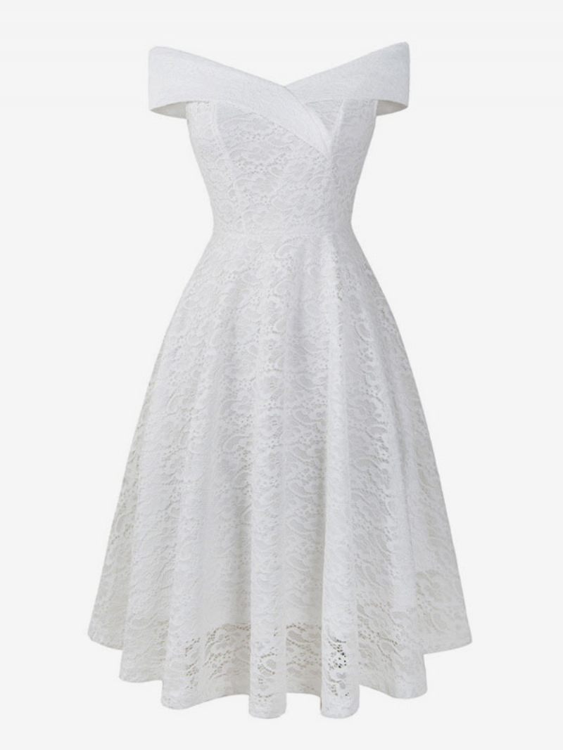 Robes Dentelle Pour Femmes Bleu Marine Foncé Col V Sans Manches Épaules Ouvertes Ajouré Portefeuille Rétro - Blanc
