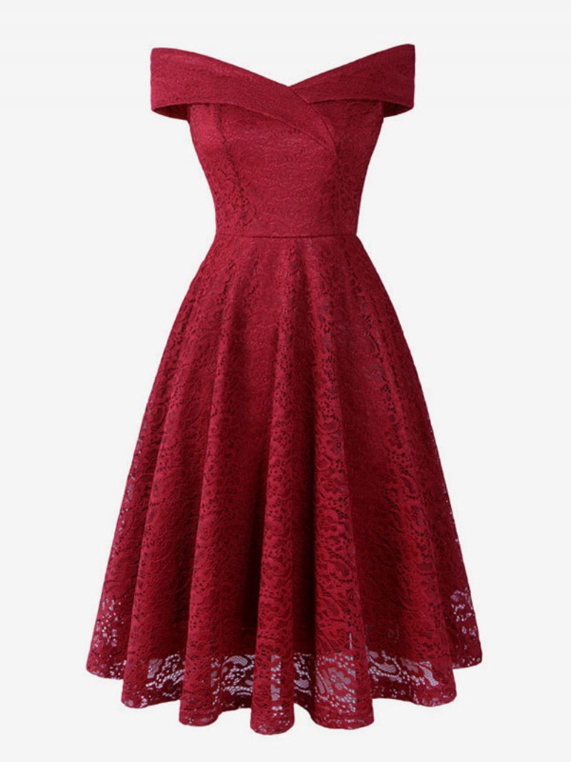 Robes Dentelle Pour Femmes Bleu Marine Foncé Col V Sans Manches Épaules Ouvertes Ajouré Portefeuille Rétro - Bourgogne
