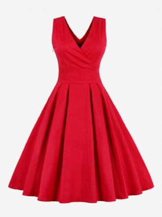 Robes Vintage Robe Rétro Sans Manches À Col V Pour Femmes Rouge