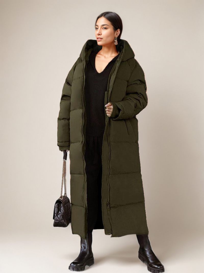 Manteaux Longs Matelassés Orange À Capuche Vêtements Sortie D'hiver Pour Femmes - Vert Chasseur