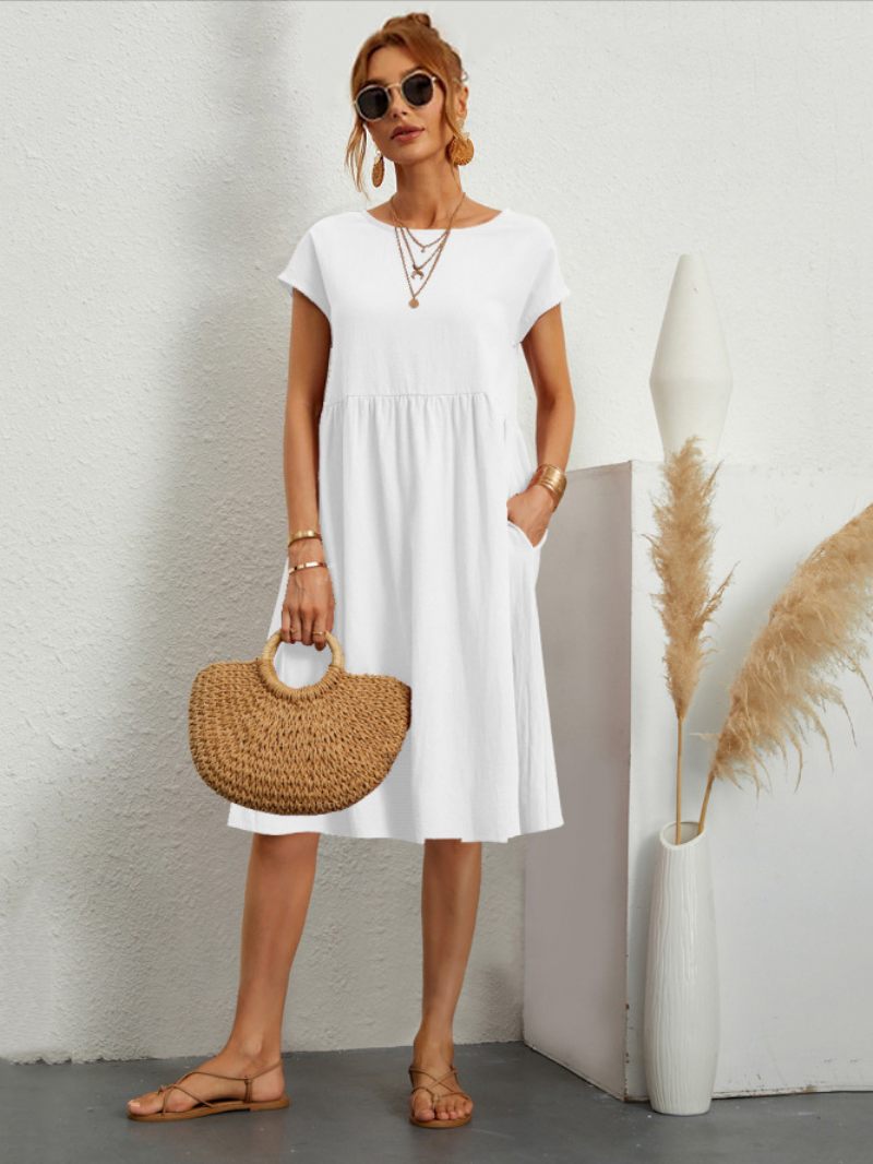 Robes Droites Pour Femmes Manches Courtes Col Bijou Décontracté Robe Tunique Vert Chasseur - Blanc