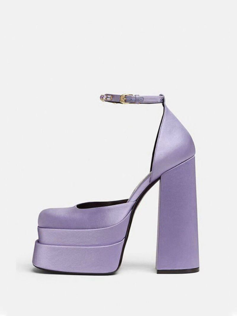 Chaussures Mariage À Talons Plateforme Épais Pour Femmes Avec Bride La Cheville Strass - Lavande