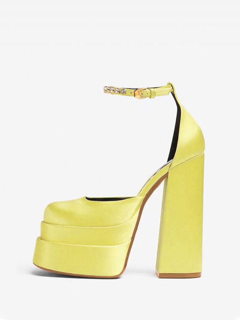 Chaussures Mariage À Talons Plateforme Épais Pour Femmes Avec Bride La Cheville Strass - Jaune