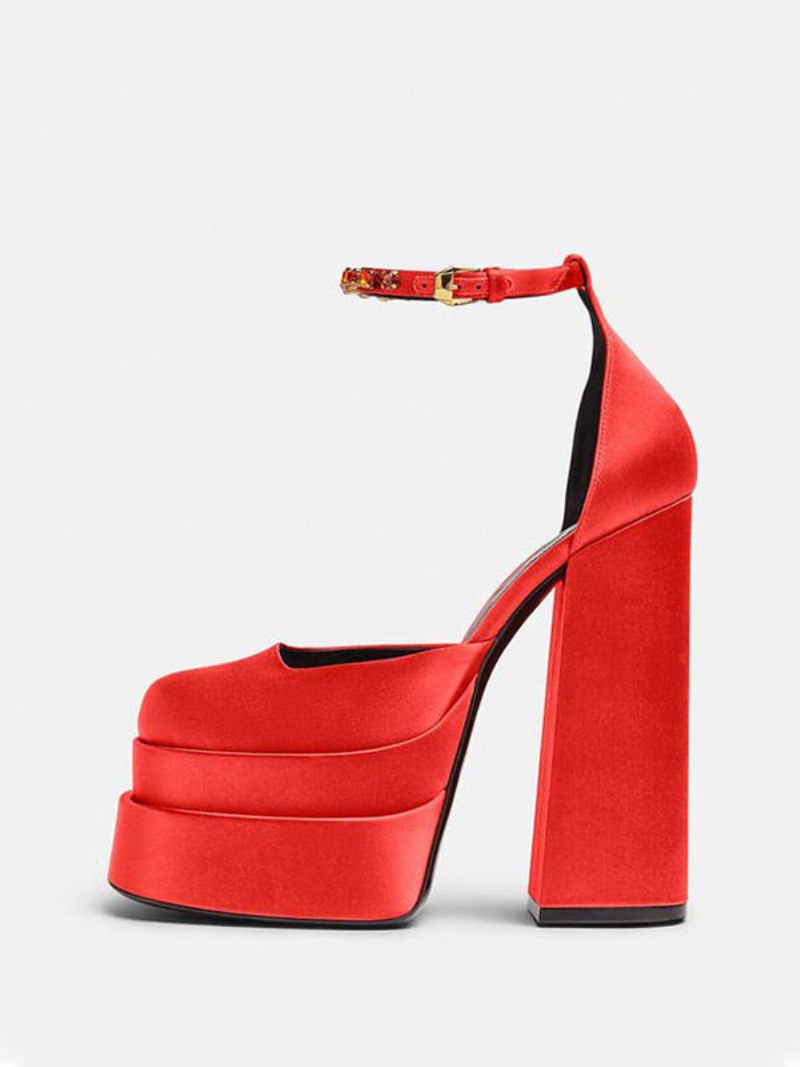 Chaussures Mariage À Talons Plateforme Épais Pour Femmes Avec Bride La Cheville Strass - Rouge