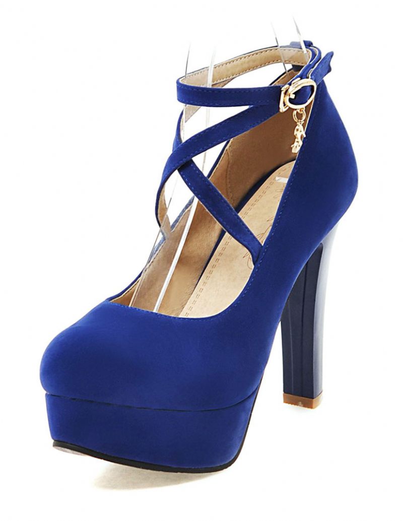 Chaussures À Plateforme Sexy Daim Pour Femmes Escarpins Talons Épais Et Croisés Bout Rond - Bleu