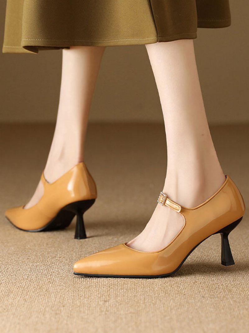 Chaussures Vintage Pour Femmes Cuir Verni Bordeaux À Bout Pointu - Jaune Clair