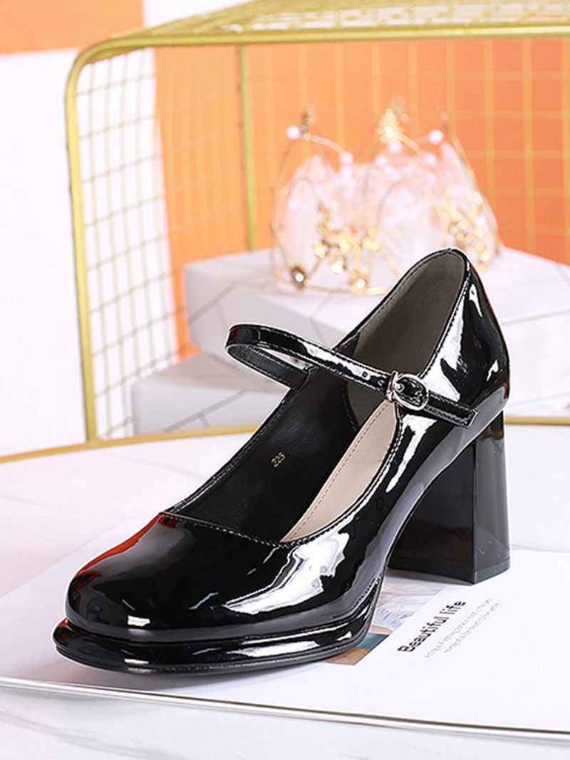 Chaussures Vintage Pour Femmes Cuir Verni Noir À Bout Rond Lacets