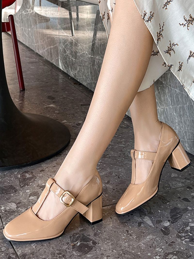 Chaussures Vintage Pour Femmes Escarpins À Bout Carré Et Sangle T Talons Épais - Jaune Clair