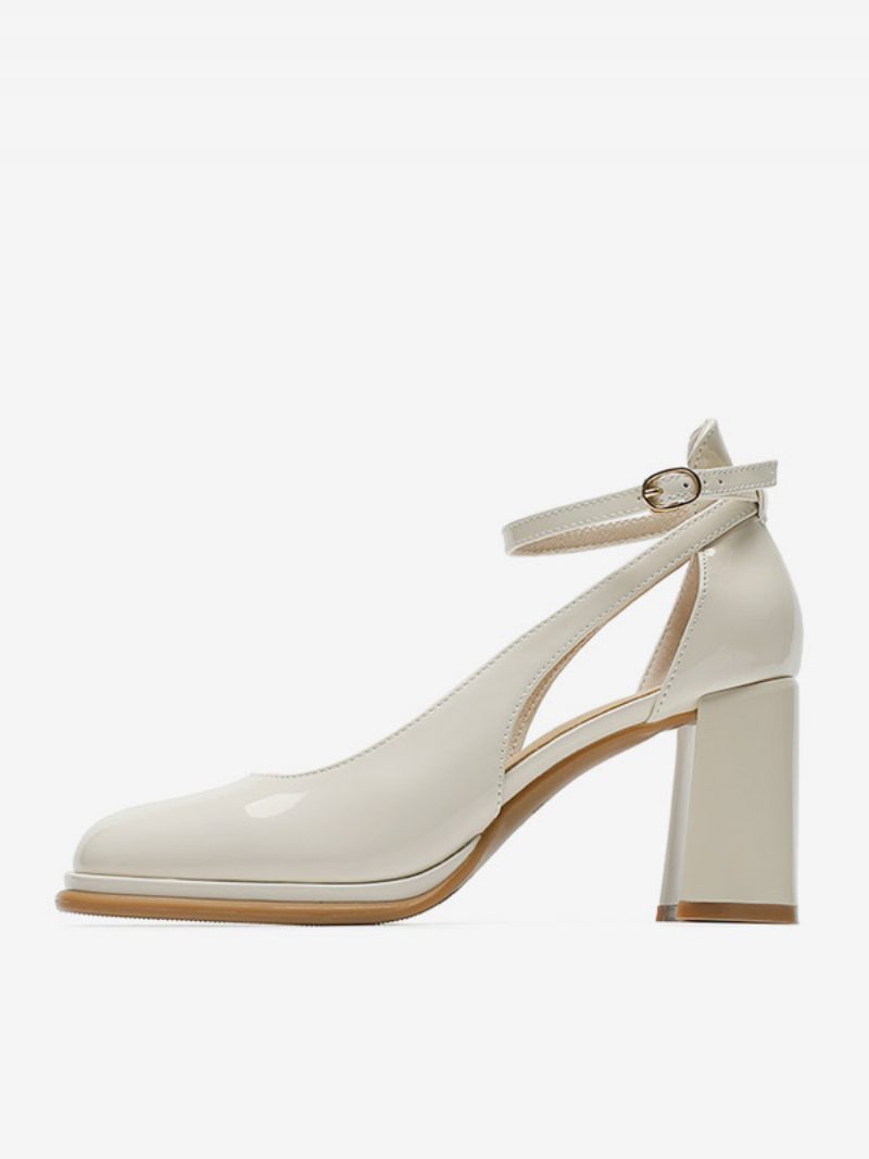 Escarpins Habillés Pour Femmes Beaux Bout Carré Cuir Verni Augmentant La Hauteur - Beige