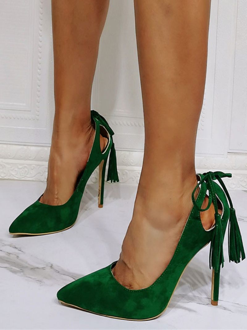 Escarpins À Talons Aiguilles Et Pampilles Pour Femmes Daim Vert - Vert