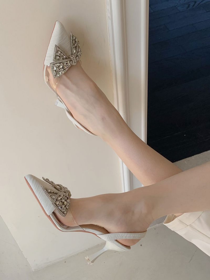 Escarpins À Talons Chaton Pour Femmes Bout Pointu Noir Avec Strass Chaussures Soirée Bride Arrière - Beige