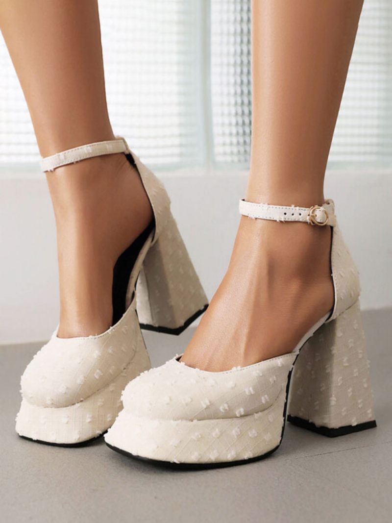 Talons Hauts Pour Femmes Chaussures Vintage Escarpins Talon Épais Soie Et Satin - Beige